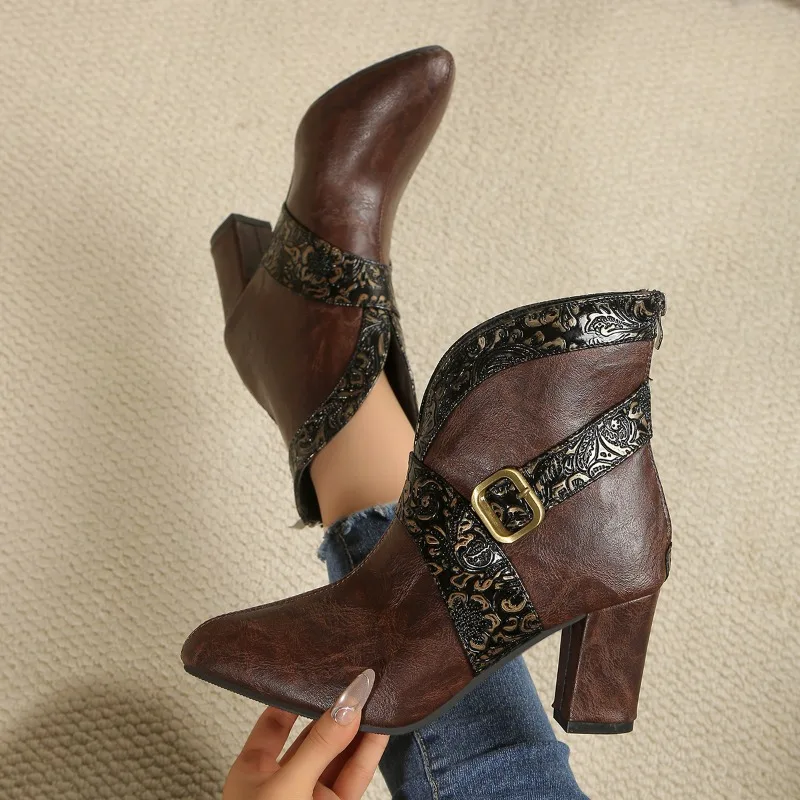 Retro Splicing Pointed Toe High Heel Ankle Boots for Women 2026 Fashion Buckle Designer Zipper Square Heel Casual Women's Boots