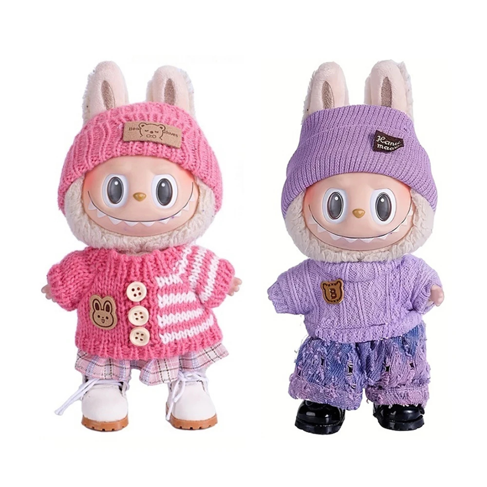 

2 sets Labubu Doll Clothes for buLabu with 3 Outfits - Stylish Fisherman Hat & Sweaters & Pants or skirt Set(No doll&shoes)