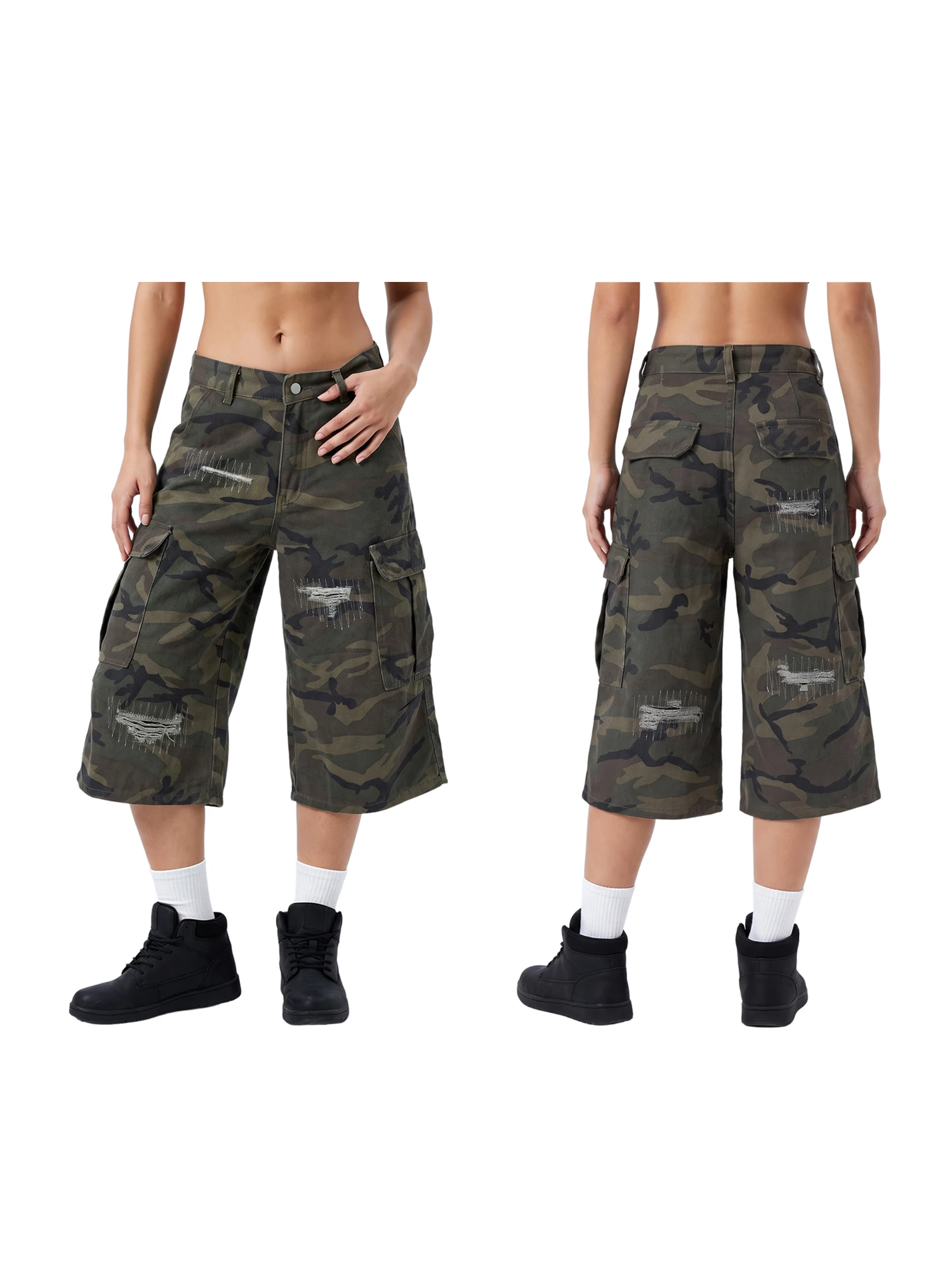 Women Camouflage Cargo Pants Baggy Wide Leg Denim Capris with Multi-pocket