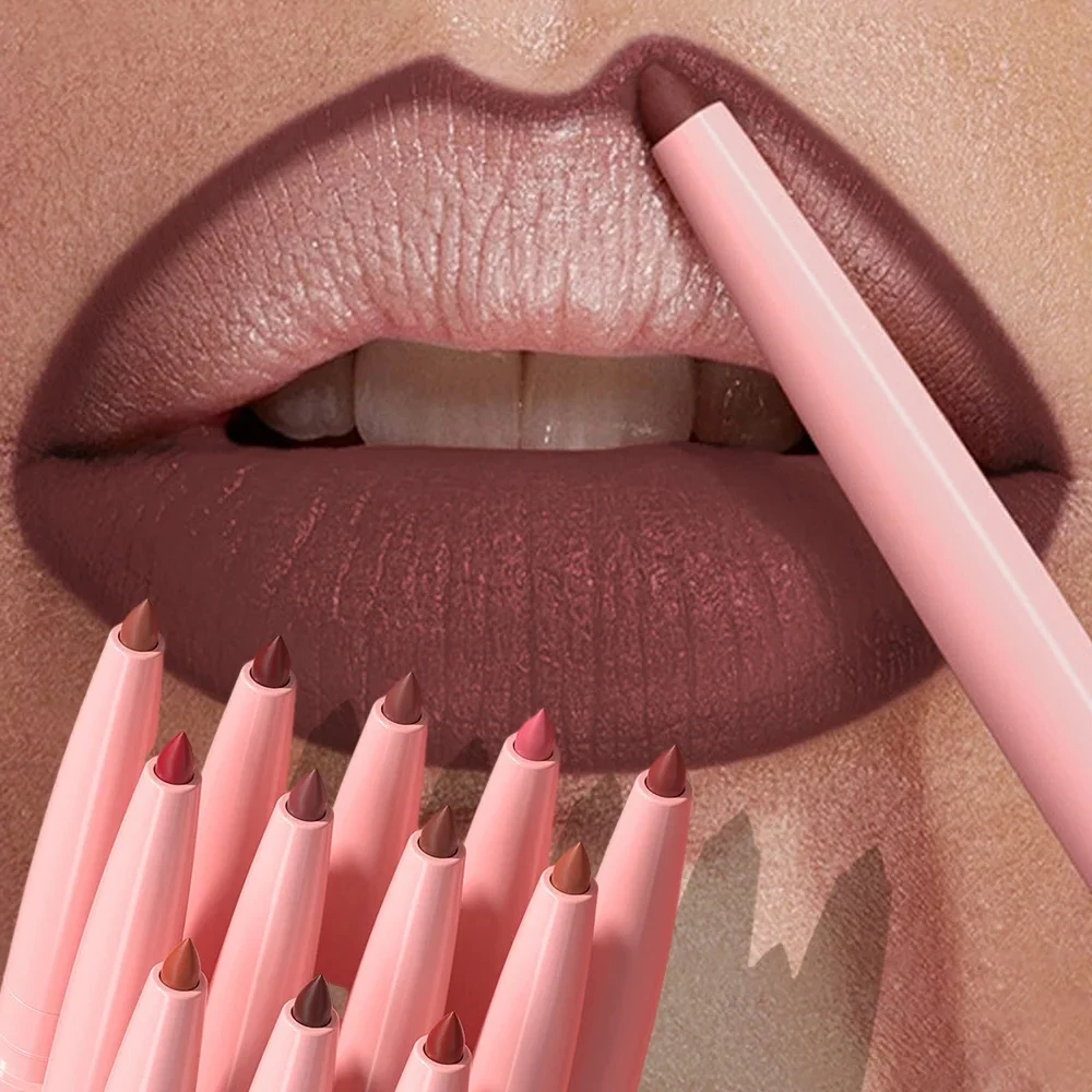 Lápiz labial mate desnudo, tinte de contorno rojo, lápiz labial de larga duración, tazas antiadherentes, maquillaje de labios hidratante, 12 colores resistente al agua
