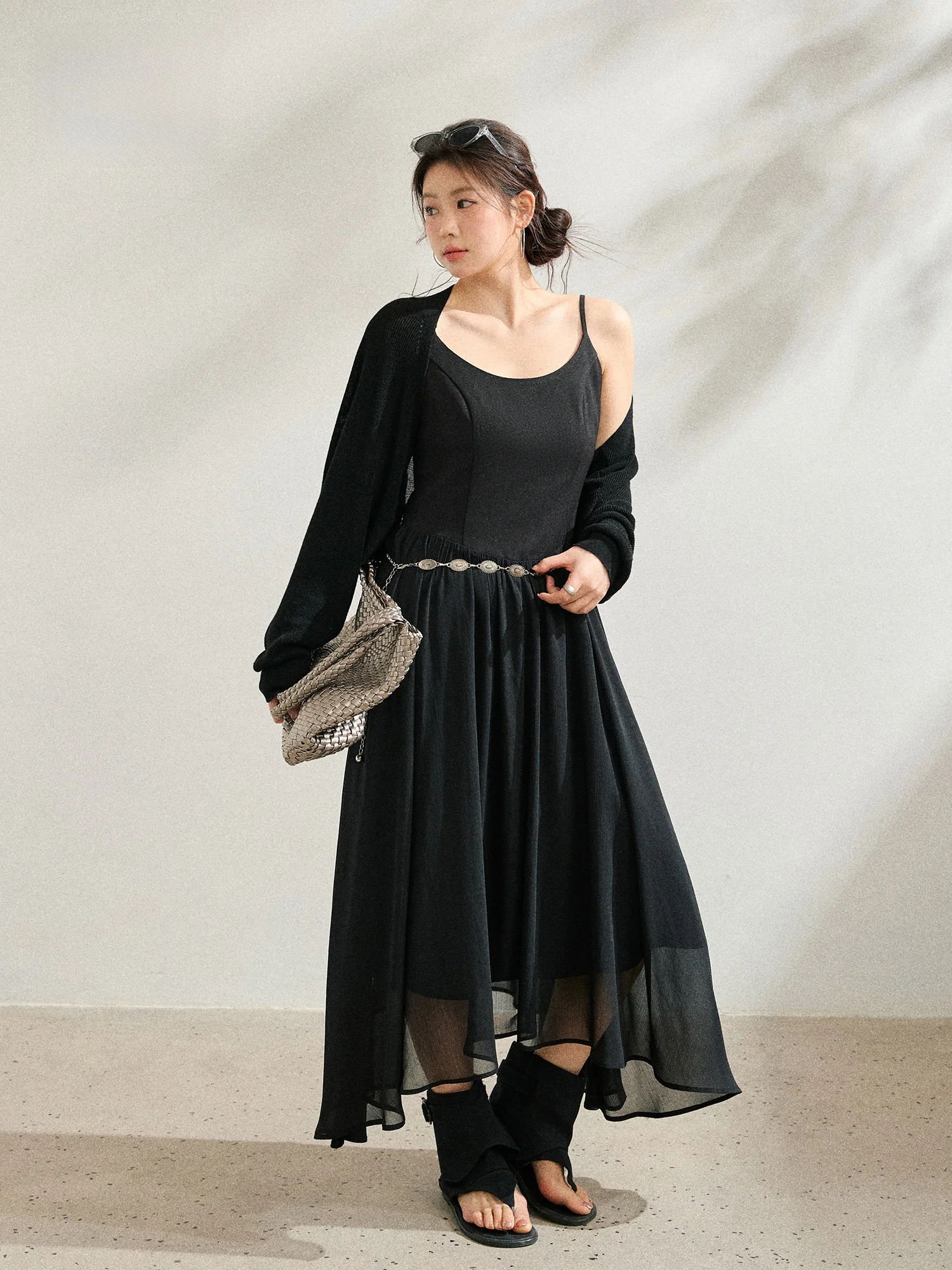 

k Sle plus Size Women's Dr Slimming Bla Strapl Skirt Cardigan Set Korean Version Slim Fit High Waist Midi Dr