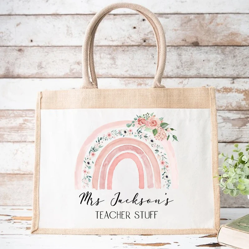

Personalised Pink Rainbow Tote Bag Custom End of Term Teacher Gift Teaching Assistant Back To School Graduation Decoration Gift