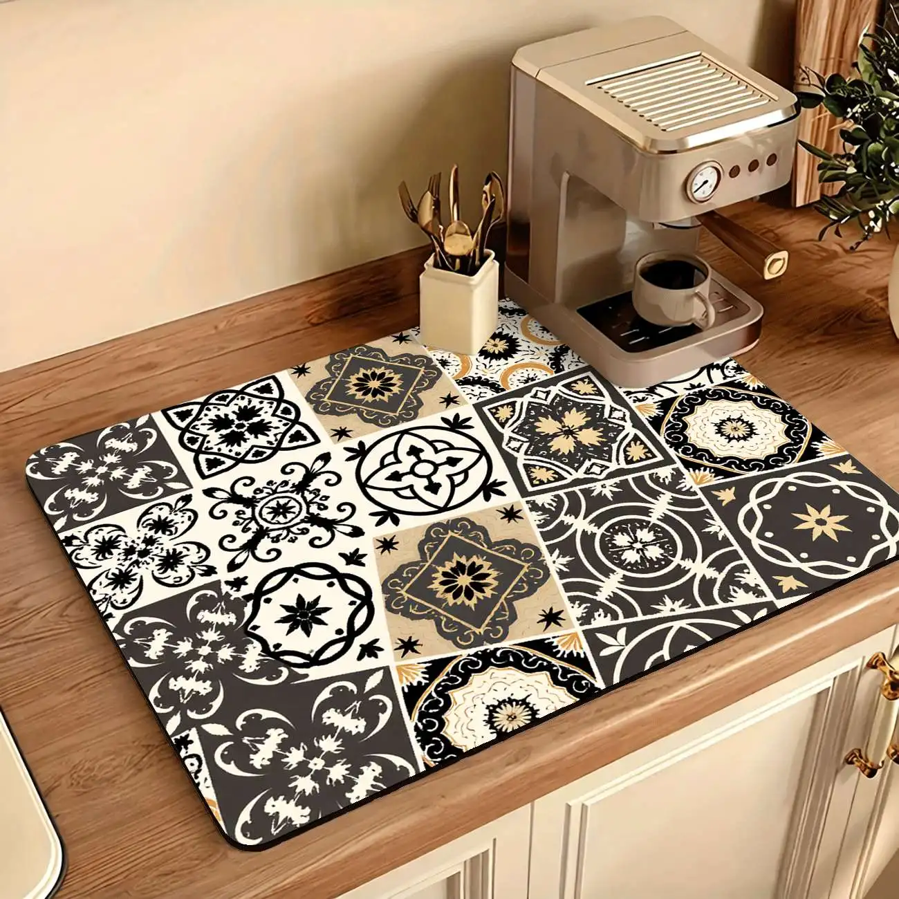 Newest Bohemian Geometric Tile Diatom Mud Drying Mat, Quick Dry Drain Pad for Washing Machine Kitchen Countertop