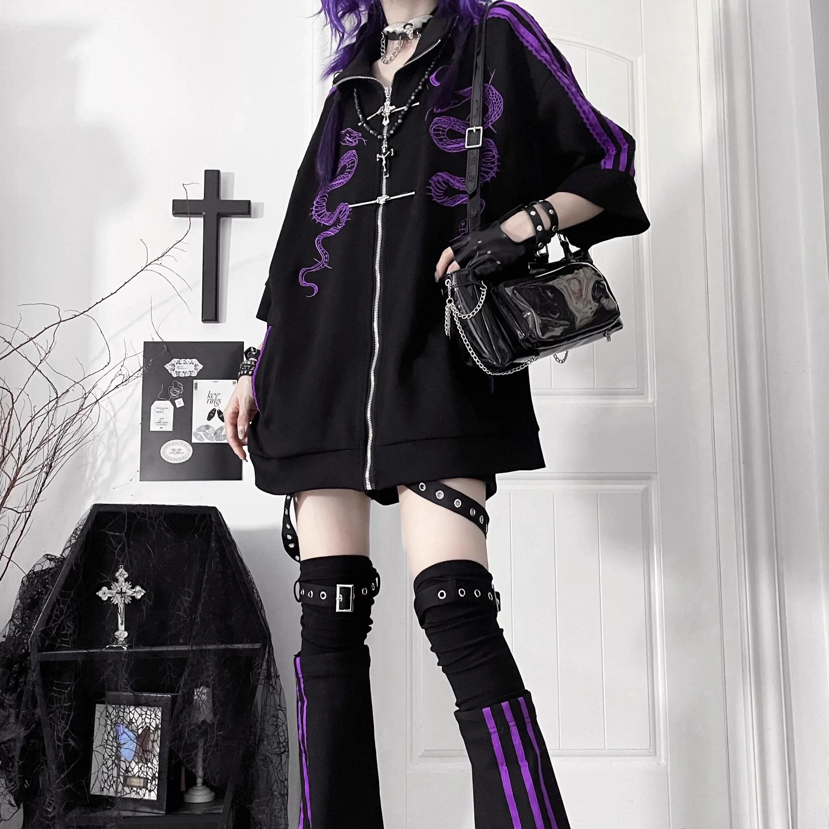 Y2k Subculture Gothic Black Short Sleeve Hoodies Summer New Harajuku Girls Sweet Cool Heavy Industry Embroidered Loose Tops
