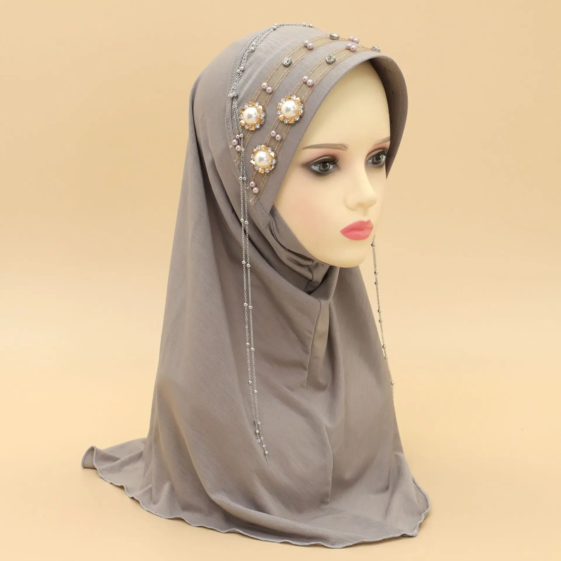 

Beaded Drill Fringe Solid Color Hard Brim Headscarf Muslim Women Hijab Turban Islam Head Wrap Shawls Amira Pull On Hat