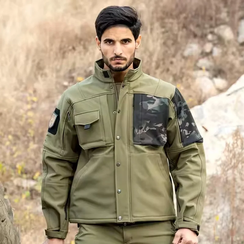 Mens Winter Tactical Outdoor Jacket Breathable Loose Fit Hunting Coat High Quality Yarn Dyed Camo Waterproof Zipper Patch Jacket