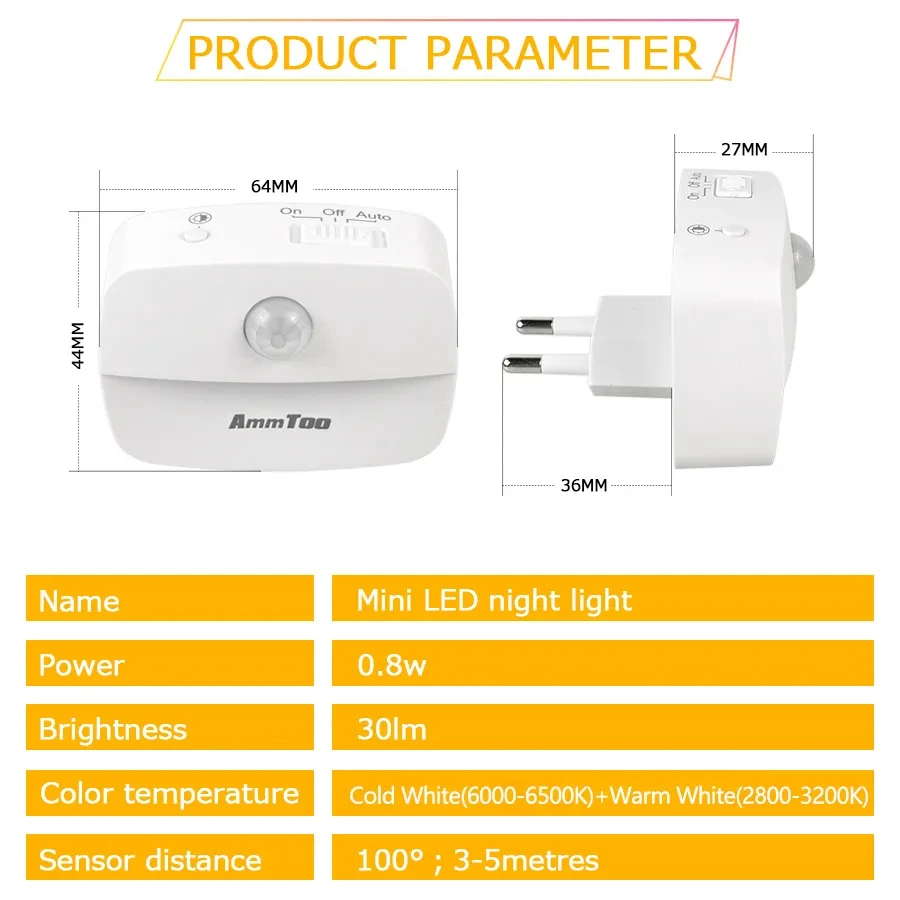 LED Night Light Motion Sensor Light 220V EU Plug In Smart Motion Sensor Light Warm and White Light Dual Color Night Lamp