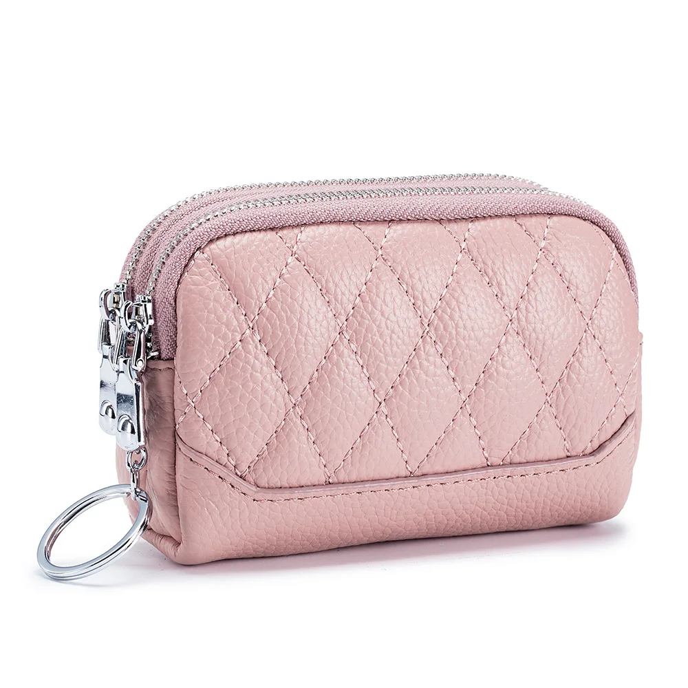 2023 New Women Wallet Genuine Leather Double Zipper Coin Purse Bag Large Capacity Clutch Wallets with Keychain Ring Money Purses