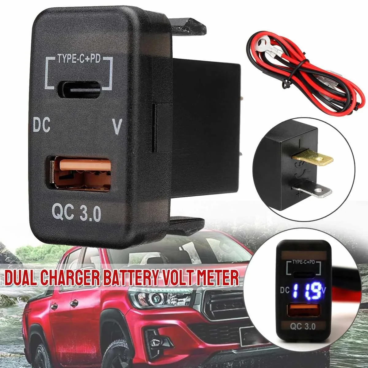 Car Type-C+PD QC3.0 Charger Dual USB Adapter Dashboard Socket Voltmeter for Prado Cruiser Hiace