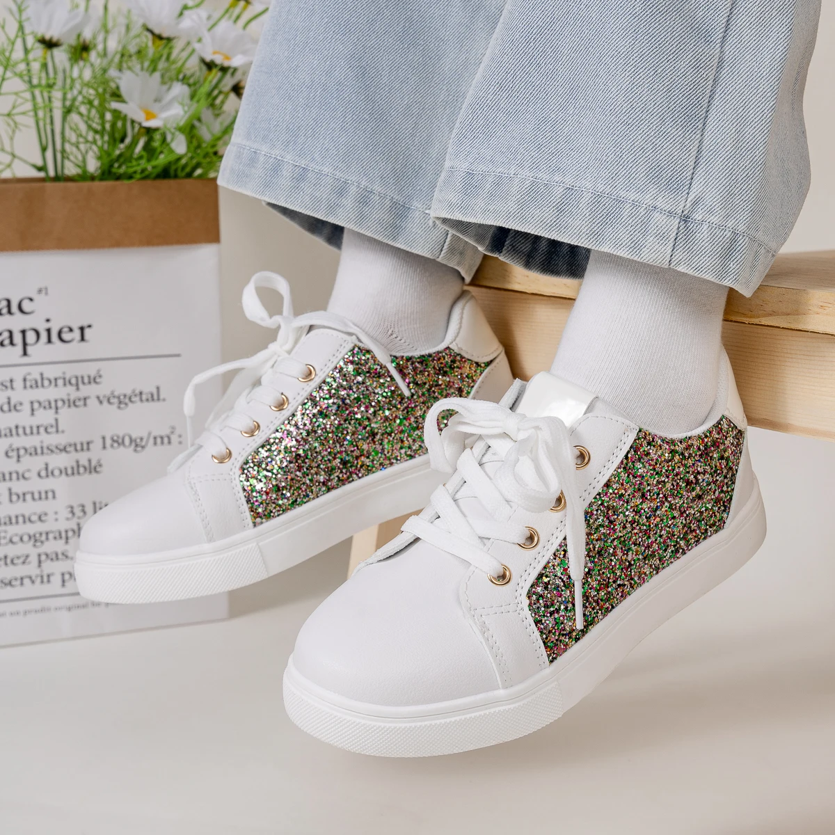 Girls' Casual Glitter Sneakers Multi-Color Sparkly Fashion Shoes Hook & Loop Non-Slip Kids Party Footwear