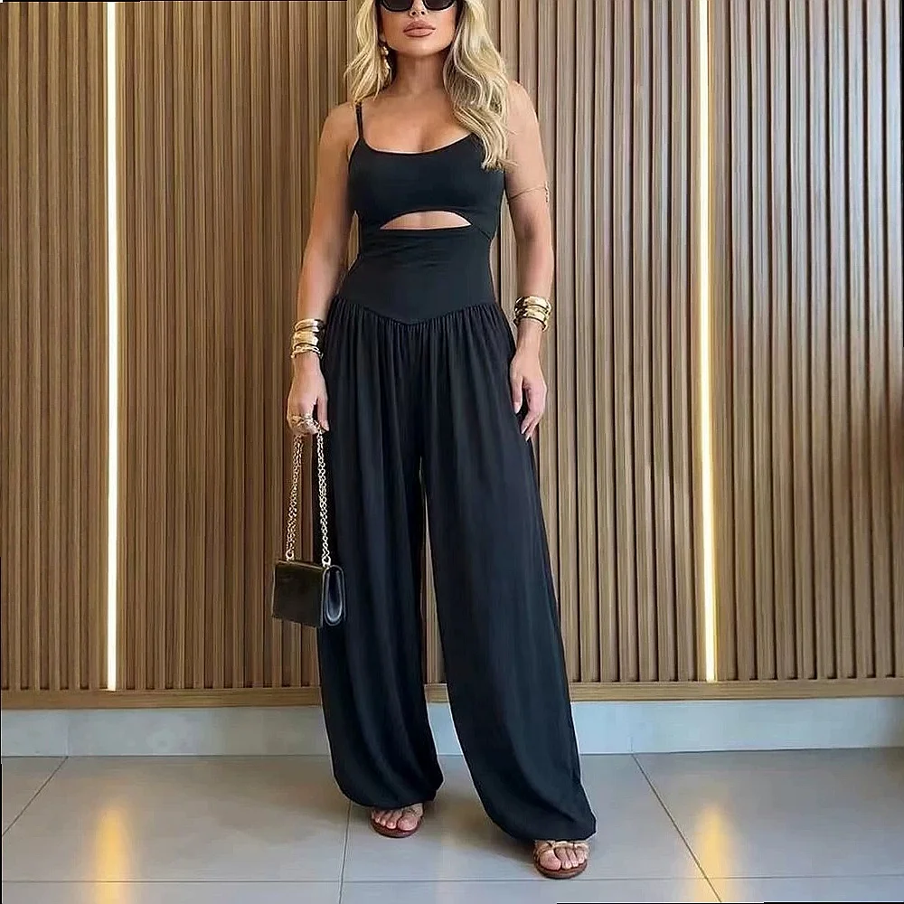 Summer Hollow Out Sleeveless Jumpsuit Overall Playsuit Women Casual Loose Wide Leg Romper Matching Set