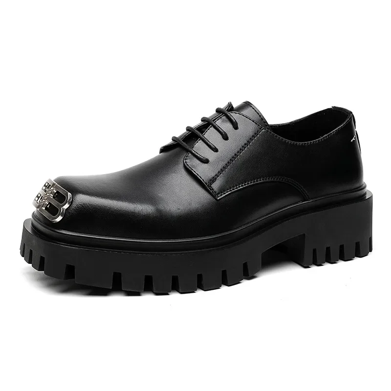 Men Casual Leather Shoes Fashion Derby Shoes Square Toe Trendy Designer Shoes for Men Sneaker Lace-up Thick Sole Heightened Shoe