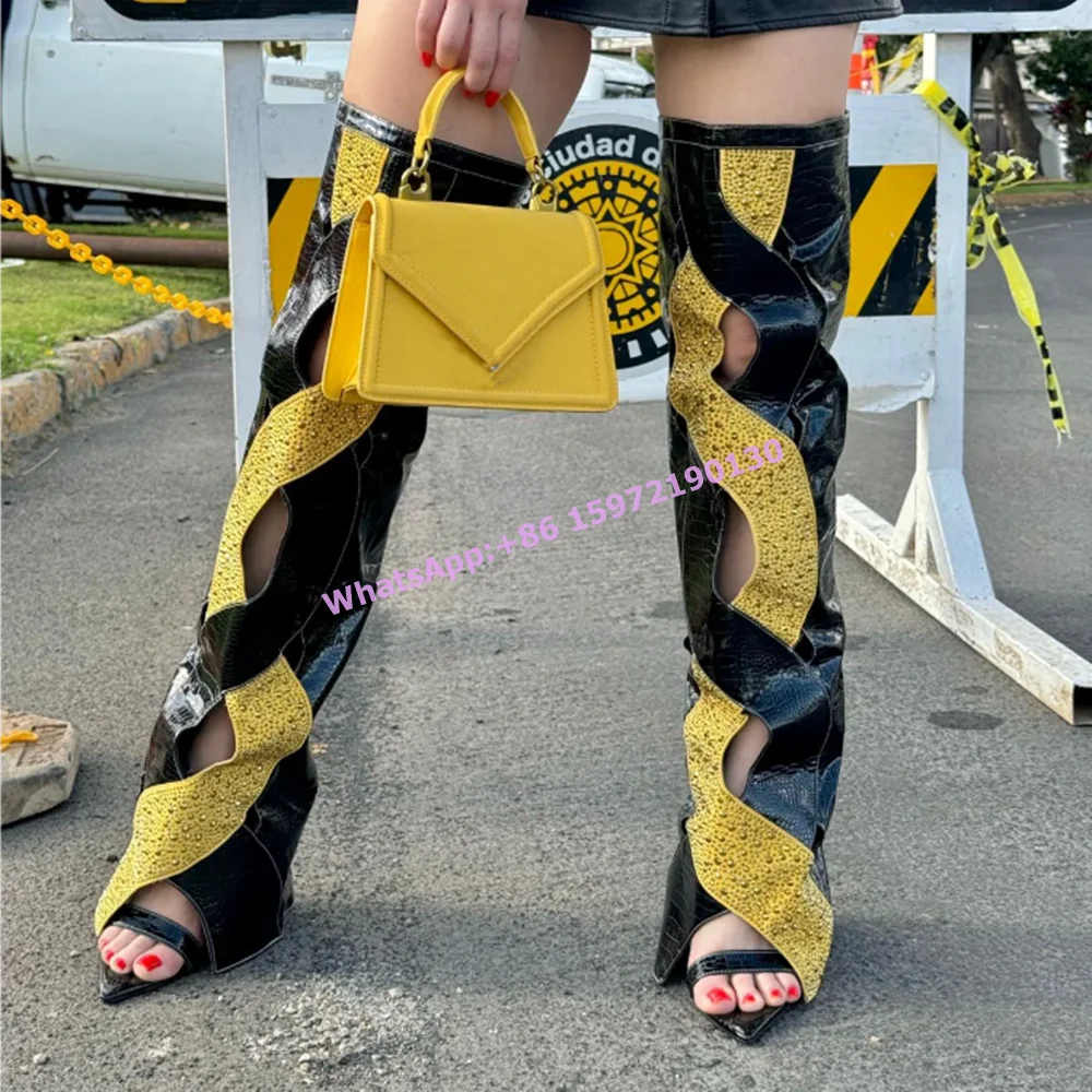 

Rhinestone Black Yellow Boots Hollow Pointy Peep Toe Thin Heels Patchwork Runway Bling Shoes Hotties Fashion Summer Sandals