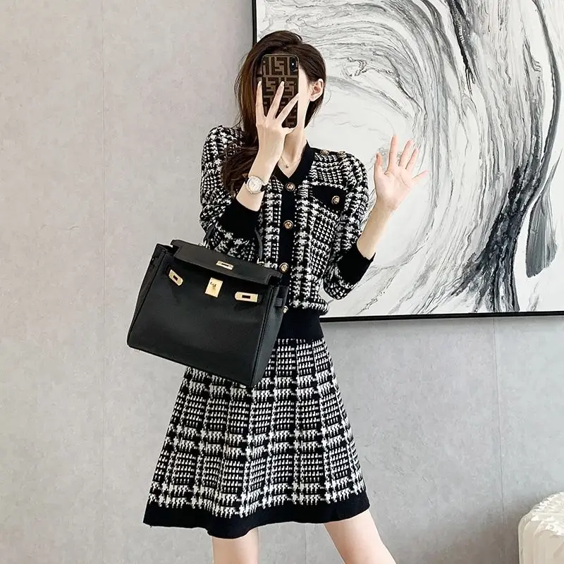 Office Crochet Tweed Long Sleeve 2 Pieces Sets for Women Lightly Cooked Skirt Woman Outfit Knit Korean Style Vacation 2024 Full