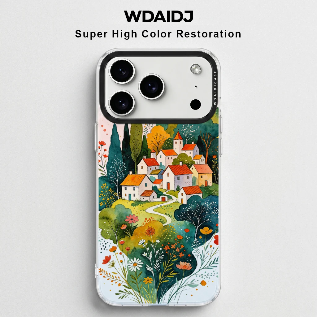 

Watercolor Countryside Village Print Clear Phone Case Anti Yellowing Shockproof Slim TPU Cover For iPhone 13 14 15 16 17 Series