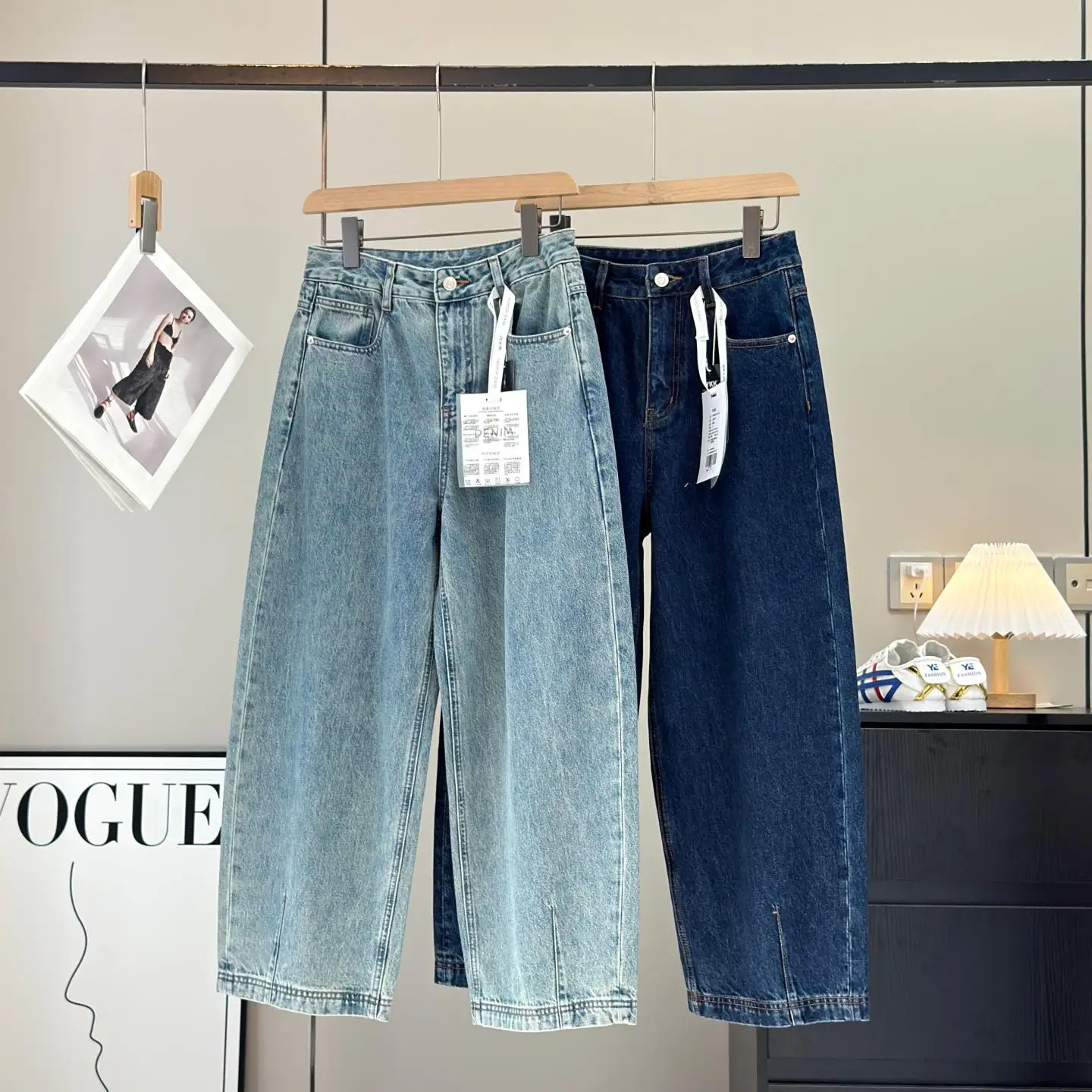 

High Waist Wide Leg Jeans Women's Retro Washed Slimming Hip Covering Straight Cut Cotton Denim Spring Season Ladies Jeans