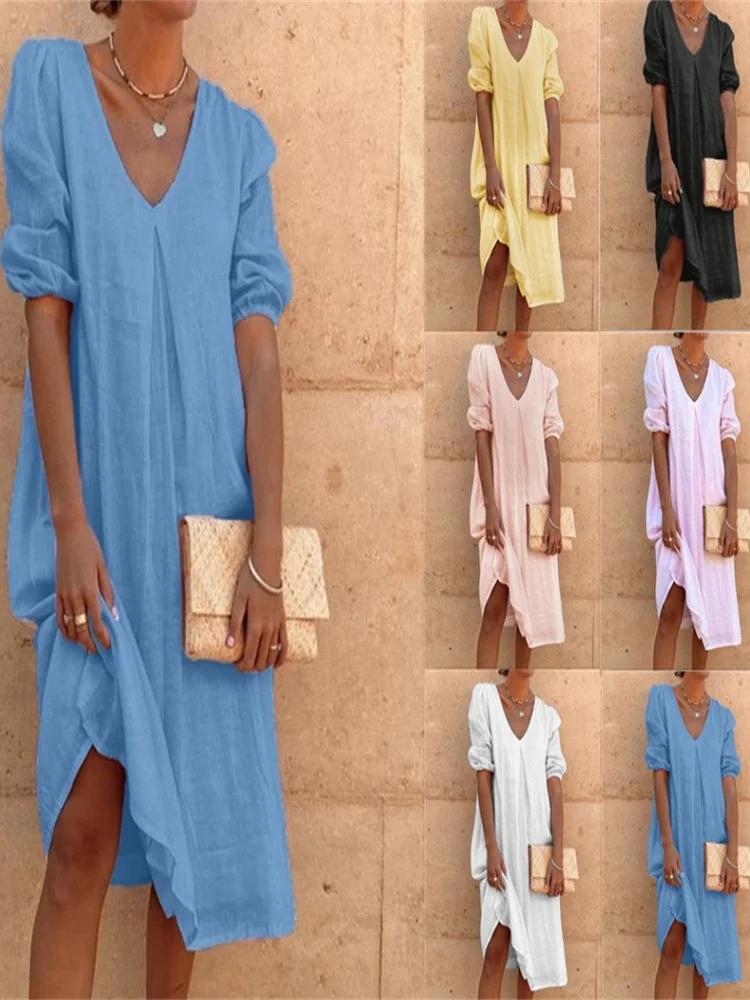 بدلة نسائية كاجوال بلون سادة، فستان طويل فضفاض، خصر مريح، مناسب للربيع والصيف والخريف، بأكمام قصيرة، تصميم أساسي للارتداء اليومي