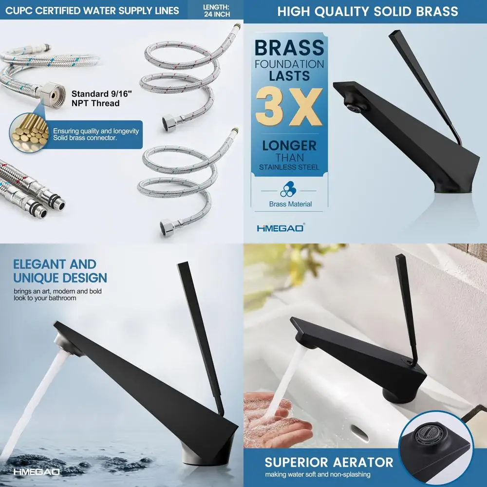 

Modern Matte Black Single Handle Brass Faucet for 1-Hole Basins, Suitable for Lavatories, Vanities, and RVs