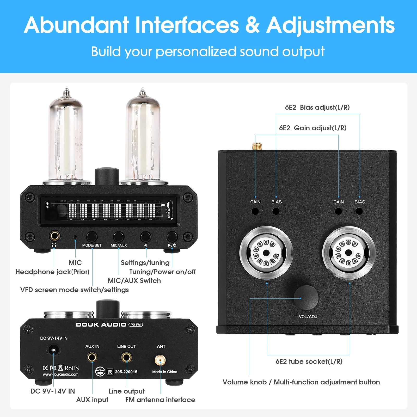 Douk Audio P2-FM Magic 6E2 Preamp Stereo Headphone Amp Sound Level Indicator FM Radio Clock