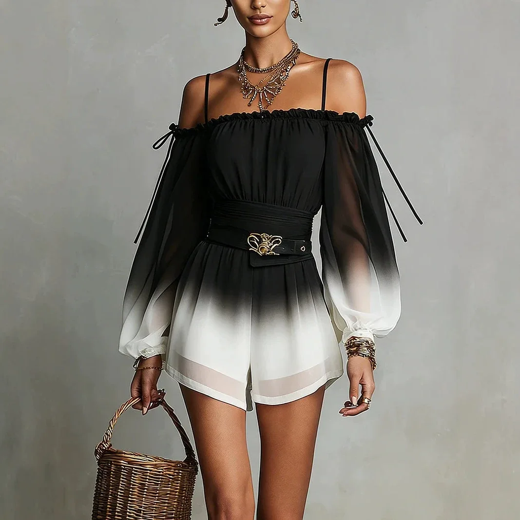 Boho Women's Ombre Chiffon Off Shoulder Romper Long Sleeve Sheer Sleeve Belted Gradient Playsuit Casual Summer Beach Outfit