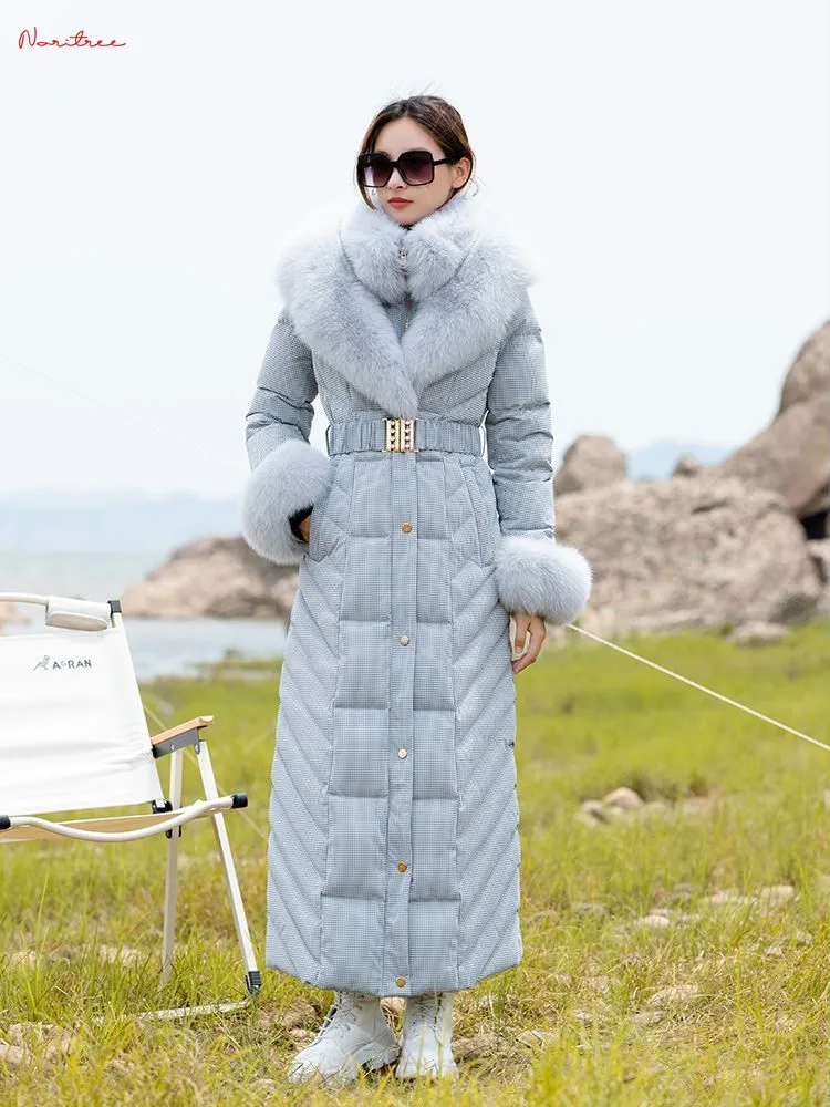 S- 3XL Winter Fake Two Pieces Super Longer Down Coat Female Thicker Warm Fluffy Down Fur Coats Real Fox Fur Hooded Parkas wy1732