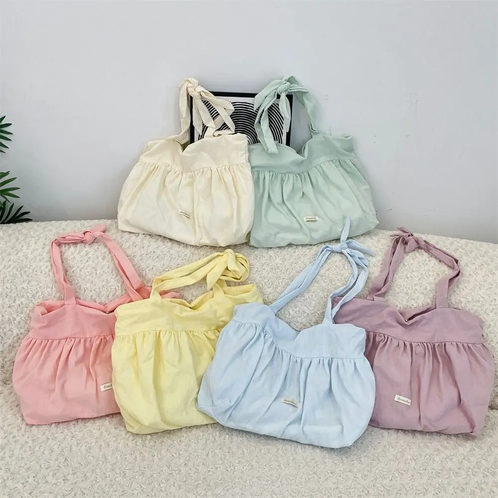 

Sweet Canvas Pleated Shoulder Bag Bow Korean Style Pleated Hobo Bag Large Capacity Fresh Color Korean Underarm Bag Shopping
