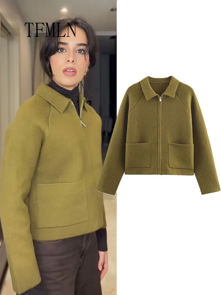 

Повседневные женские вязаные свитера на осень-зиму 2024, простой отложной воротник на молнии, укороченный кардиган, топы, уличные пальто с карманами в стиле ретро