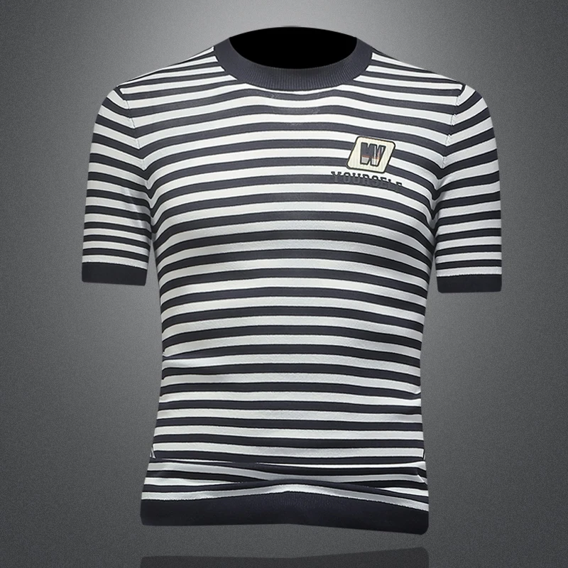 

Slim Fit Casual round Ne ort Sve T-irt Men's Faionable Striped Top Summer New Sle Versatile f Sve irt