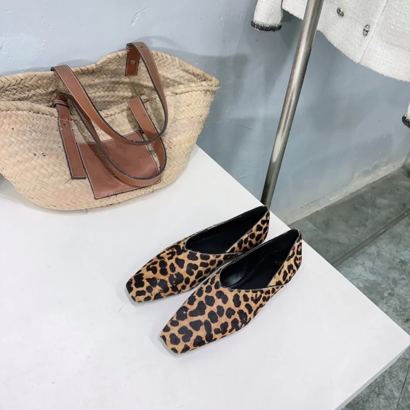 Zapatos informales de ante con pelo de caballo y estampado de leopardo, calzado Retro de cabeza cuadrada, boca poco profunda, suela plana, Mary Jane, novedad