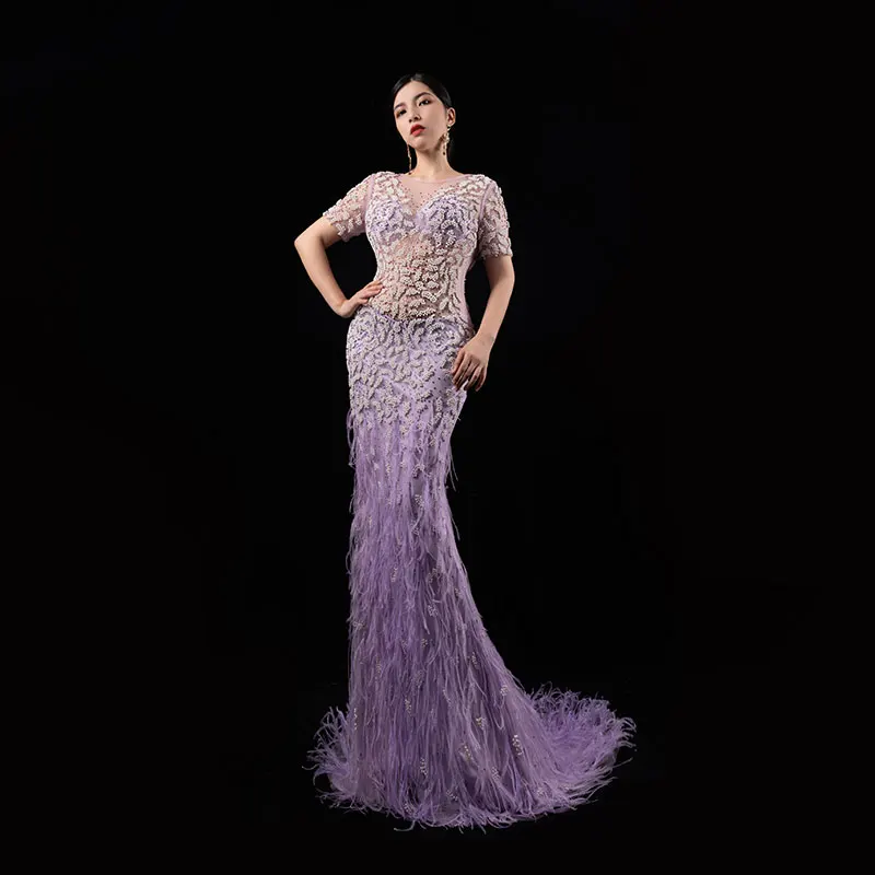 

Luxury Long Evening Dress With Ostrich Hair Studed Beading Short Sleeve Elegant Gown Trailing Slim Fit Dubai Fashion Party 2024