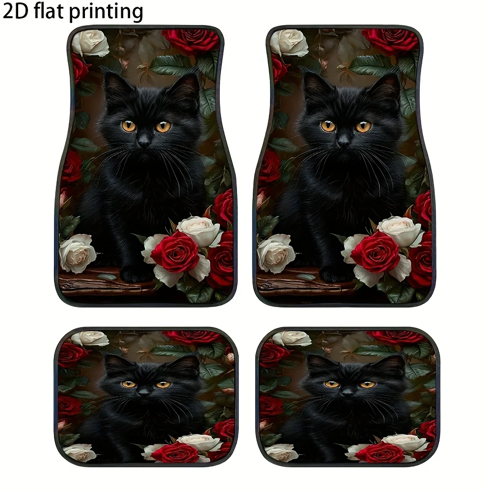 4pcs Car Floor Mats, Black Cat Rose Bouquet Pattern, Made Of Polyester Fiber, Universal Car Mats, Suitable For All Seasons, Easy