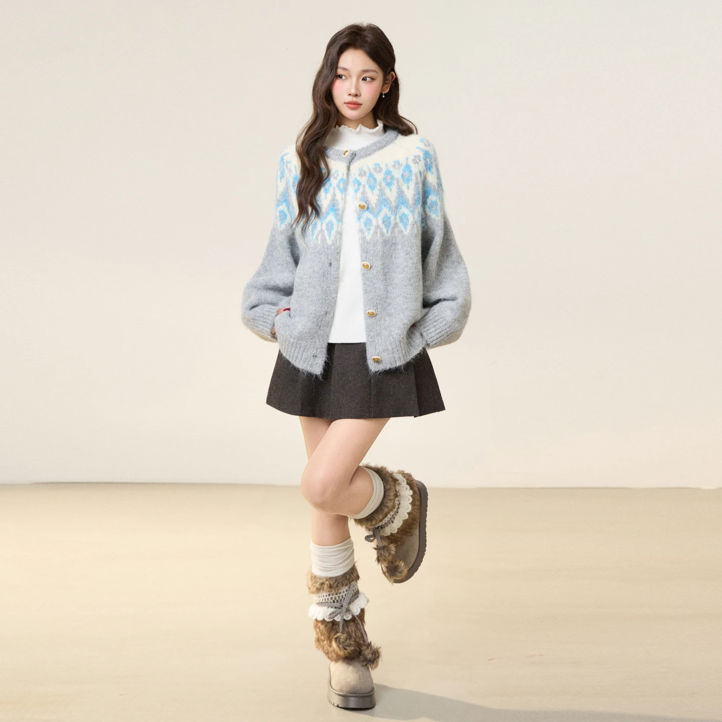 Lazy Wind Fel Island-suéter de cuello redondo con contraste de Jacquard para mujer, cárdigan de punto suelto para otoño e invierno