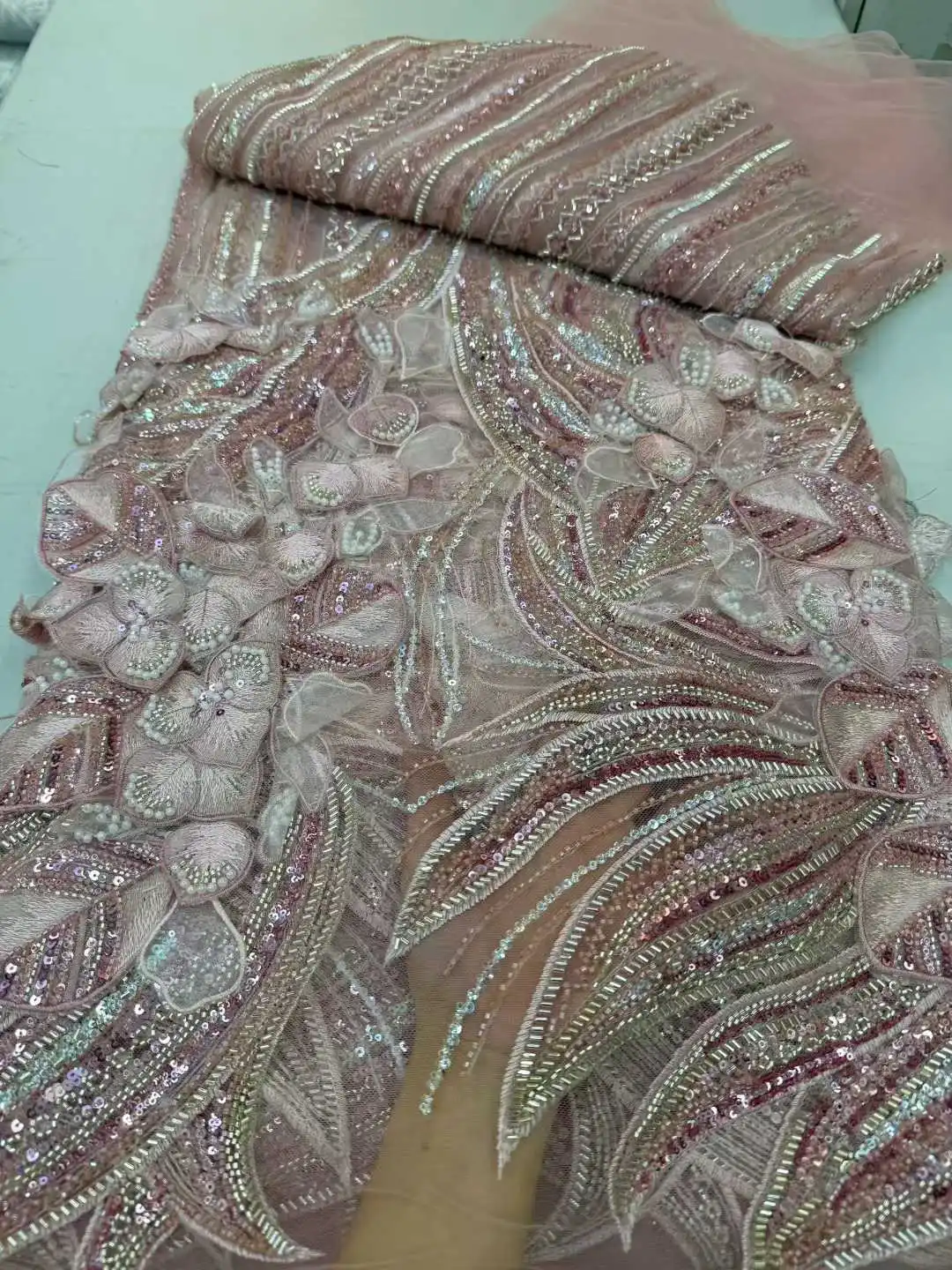 

Pink African Sequins Lace Fabric High Quality French Nigerian Groom Lace Mesh Fabrics Beads For Sewing Dress Wedding Party