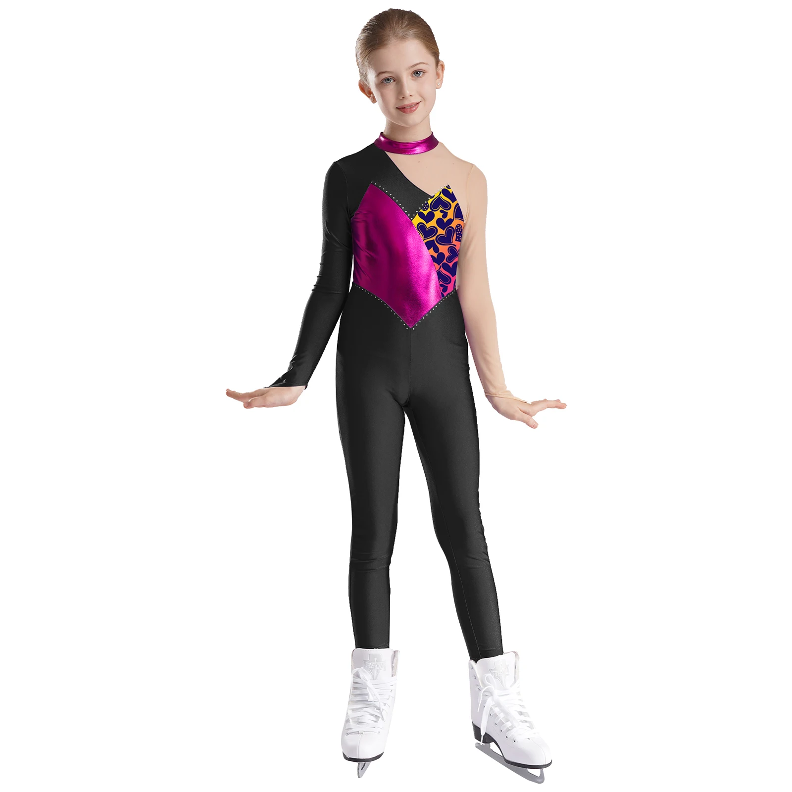 Teens Long Sleeve Figure Skating Bodysuit for Girls Kids Metallic Patchwork Printed Rhythmic Gymnastics Jumpsuit Dance Leotard