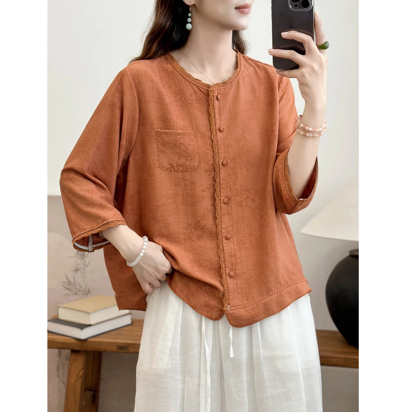

Women's Artistic Style Five-Quarter Sleeve Base Shirt Spring Summer New Arrival Trendy Loose Fit Versatile Personality T-shirt