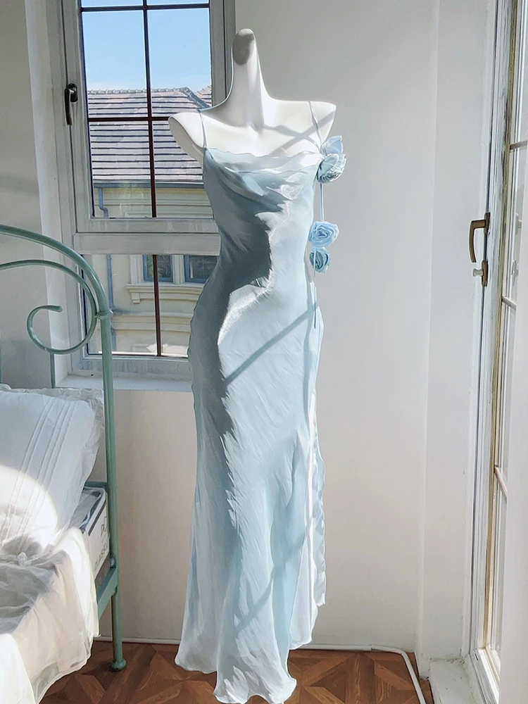 Robe élégante à bretelles spaghetti bleu glace pour femme, coupe couvertes, décoration rose, plissée, col bateau, irrégulière, Eage, robe de fête d'anniversaire