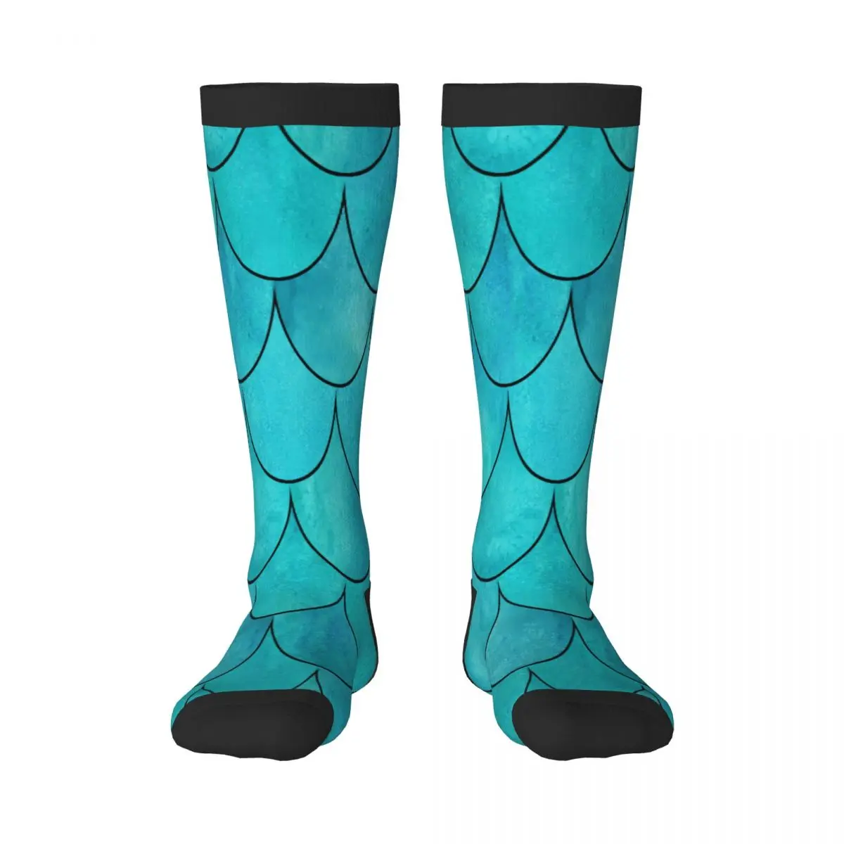 Unisex Socks Breathable Long Business Harajuku Socks Bright Teal Color Mermaid Fish Scale Wave Sox Sokken for Outdoor Sports