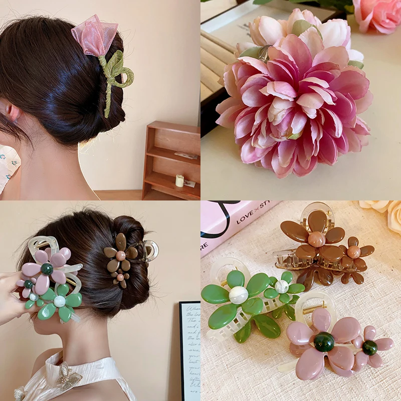

Pink Tulip Flower Leaves Fabric Hair Claws for Women Fairycore Partysu Temperament Updo Shark Clips Sweet Accessories Wholesale
