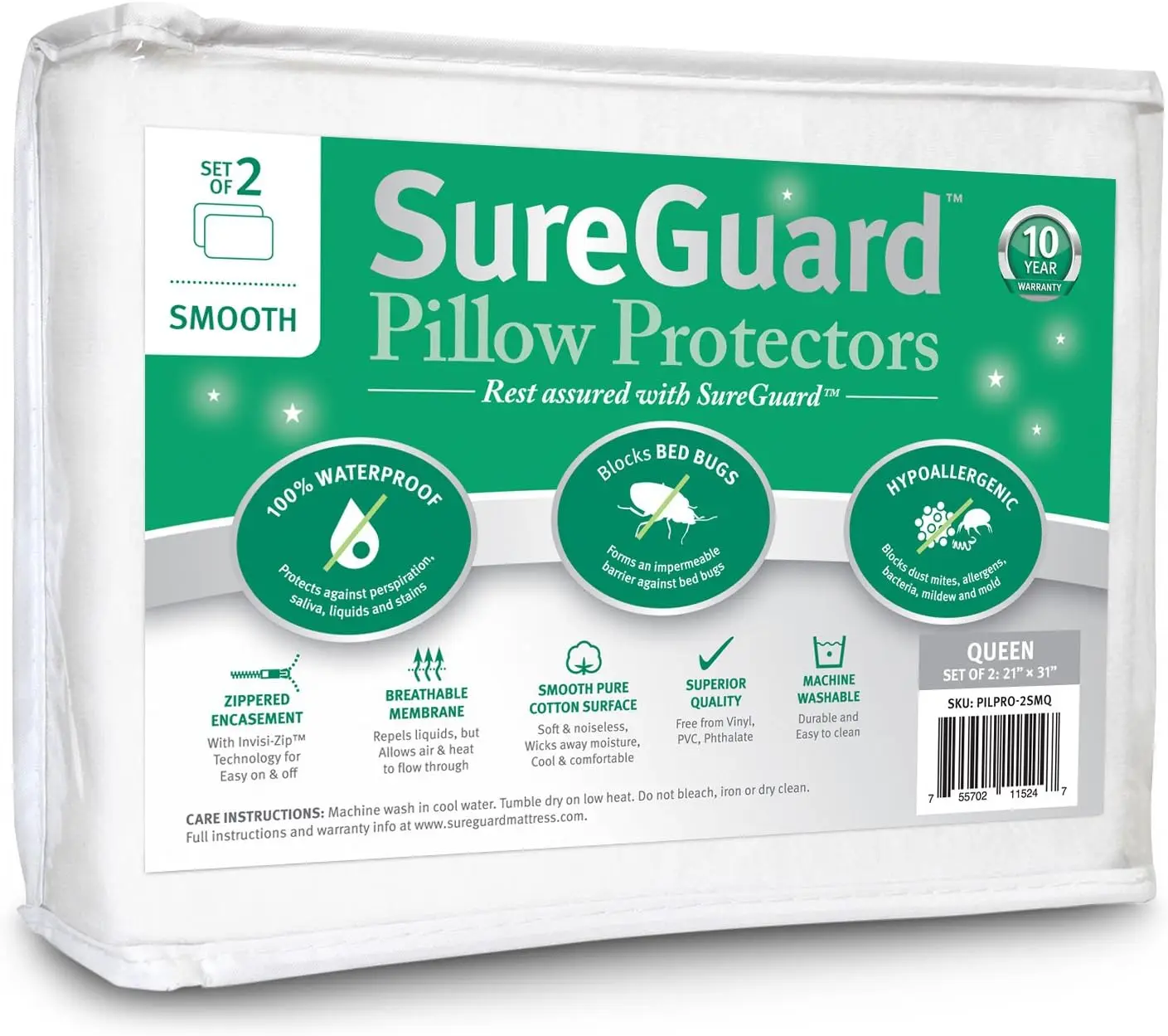 

Set Of 2 Queen Size Sureguard Pillow Protectors - 100% Waterproof, Bed Bug Proof, Hypoallergenic - Premium Zippered Cotton