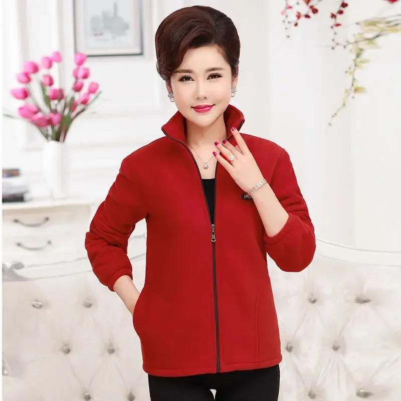 

Mom Outfit Spring and Autumn Stand Collar Tops Solid Color Zipper Splicing Pockets Loose and Casual Warm Long Sleeves Coat E181