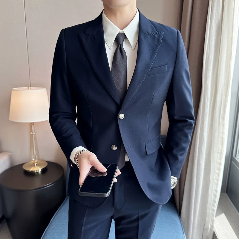 Jacket + Pants 2 Pieces Men\'s Elegant Fashion Slim Fit Suits Formal Business Wedding Tuxedos Casual Gentleman Solid Dress Suit