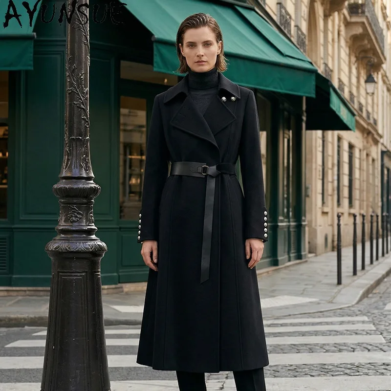 AYUNSUE Women's 100% Wool Trench Coats Autumn Winter Belted Double‑Faced Coat Commuting Long Jacket Woman Clothes Пальто Женское