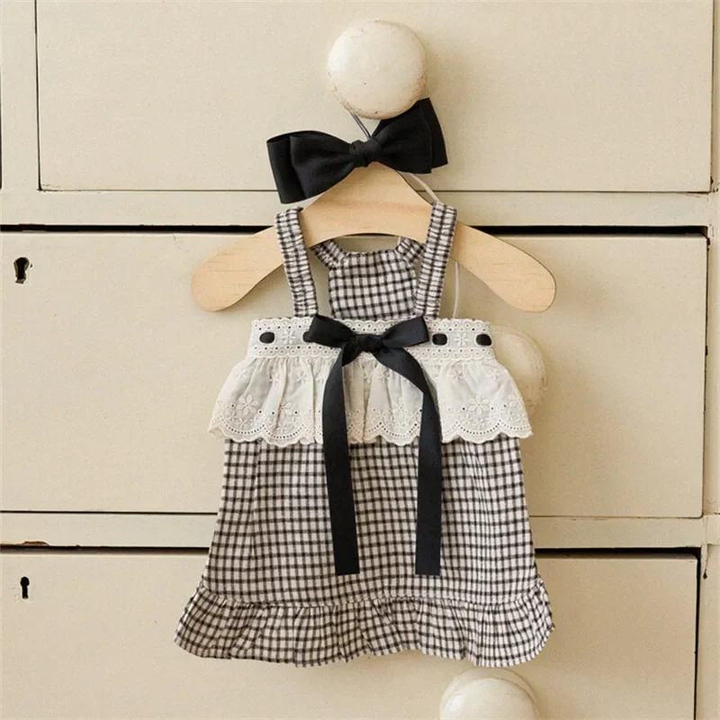 

Pet Plaid Clothes Summer Plaid Camisole Dress Fashion Bow Clothing Bow Lace Plaid Vest Princess Dress Bow Headband Puppy Dress