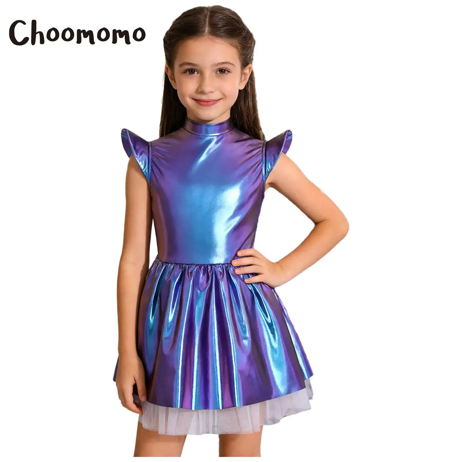 

Girls Halloween Alien Outerspace Cosplay Costume Metallic Glossy Flare Sleeve Ruffled Tutu Dress Astronaut Robot Party Dress Up