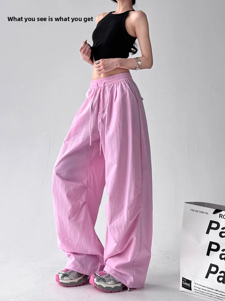 Casual Loose Straight Leg Workwear Pants Women's Drawstring Cuffed Summer Fashion High Waist Nylon Fabric Commute Style
