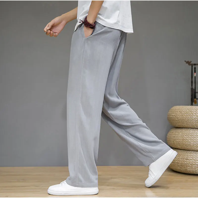 

Мужские льняные брюки свободного кроя: летние, прямые, повседневные, спортивные, из хлопка и льна, дышащие, комфортные, с эластичным поясом