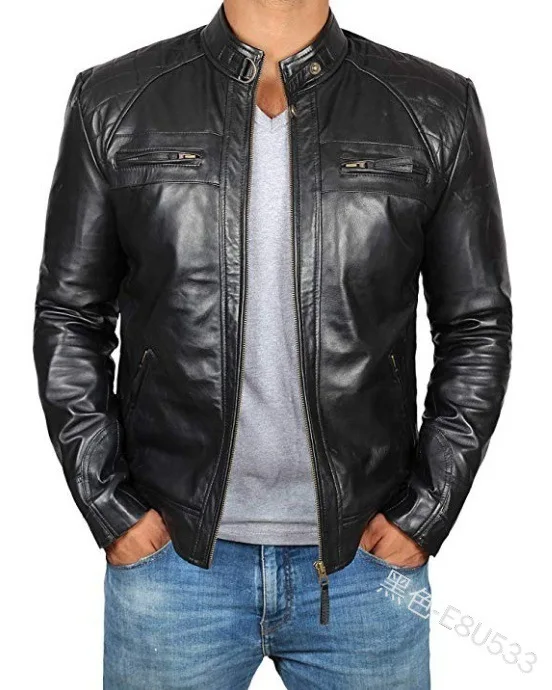 New European and American Men's Leather Jacket Men's youth Standing Collar Punk Men's Motorcycle Leather Jacket