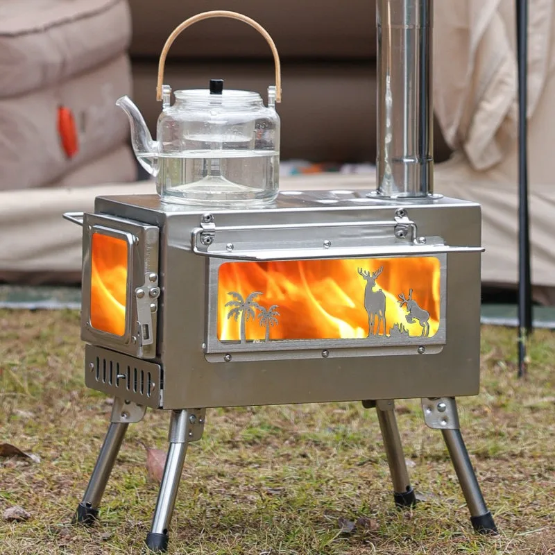 Outdoor camping fire stove, portable tent heating wood stove, outdoor picnic multi-functional barbecue utensils