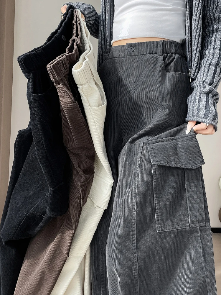

Corduroy cargo wide leg pants women in winter 2025 new high waisted loose fit slimming and ankle tied casual pants
