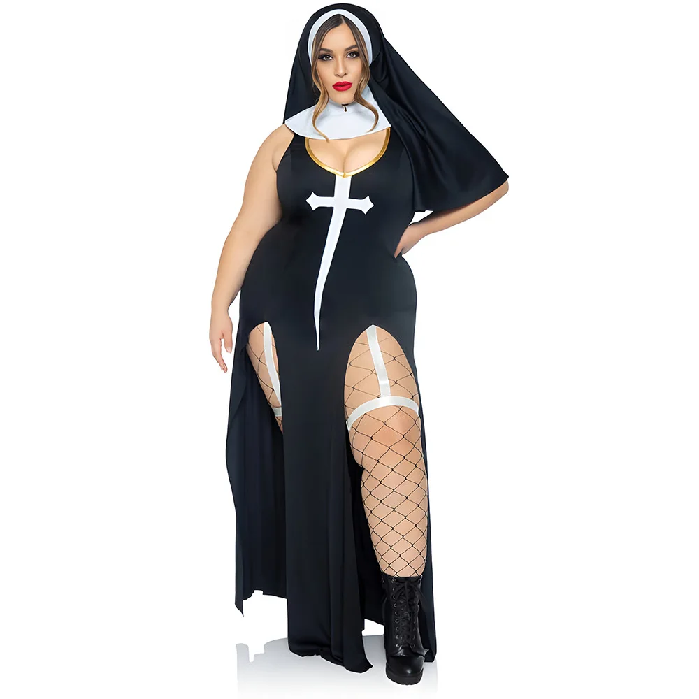 

Halloween Nun Costume Plus Size Women Nightclub Role Play Sexy Black Dress Stage Performance Wear 2025